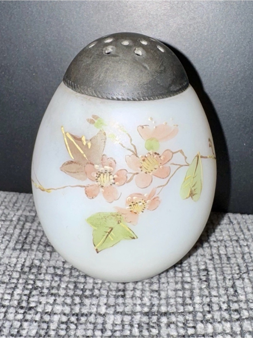 Antique Mount Washington Glass Egg Shaped Floral Salt Shaker